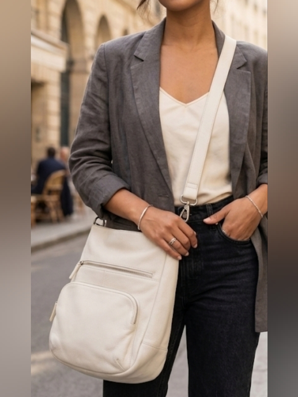 Danier White Leather Multi-Pocket Crossbody/Shoulder Bag